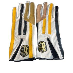 Vintage Supporters Club Leather Gloves White Black Yellow Hook Loop Estate 11.5"